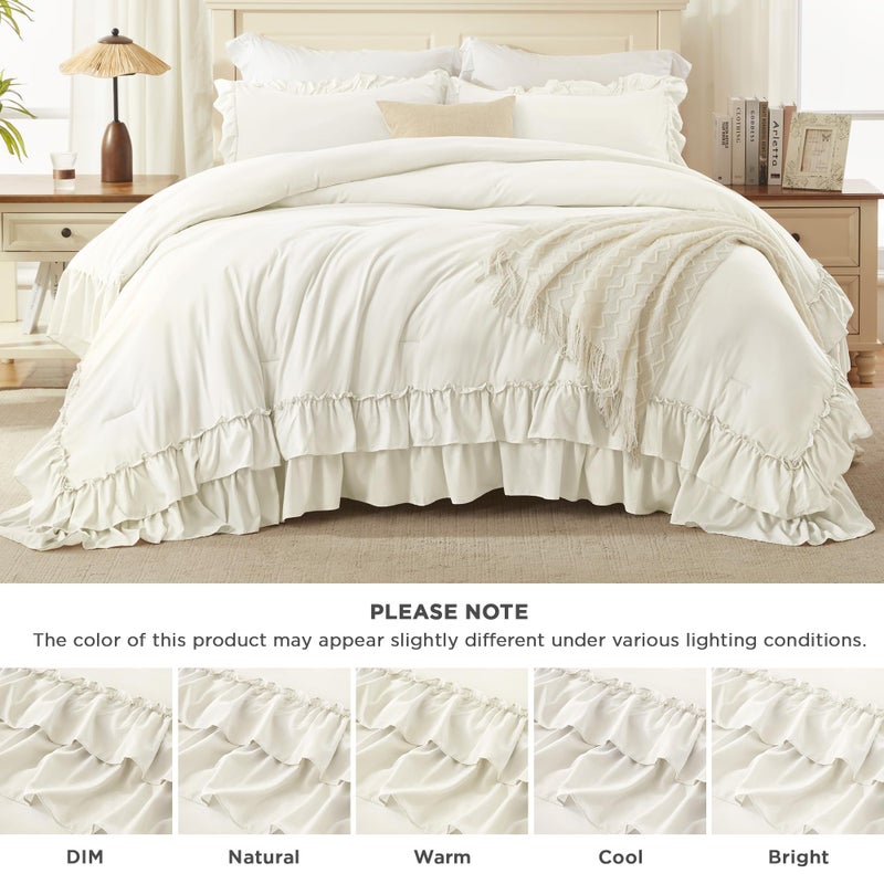 Andency Ivory Comforter Set Queen Size, Lightweight Fluffy Farmhouse Ruffle Bedding Set, Soft Microfiber All Season Shabby Chic Bed Comforter Set 3 Pieces(1 Comforter 2 Pillowcases) - Image 4