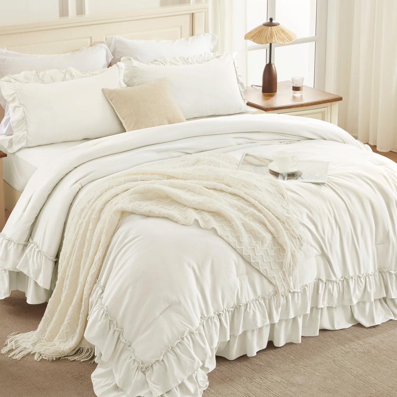 Andency Ivory Comforter Set Queen Size, Lightweight Fluffy Farmhouse Ruffle Bedding Set, Soft Microfiber All Season Shabby Chic Bed Comforter Set 3 Pieces(1 Comforter 2 Pillowcases) - Image 2