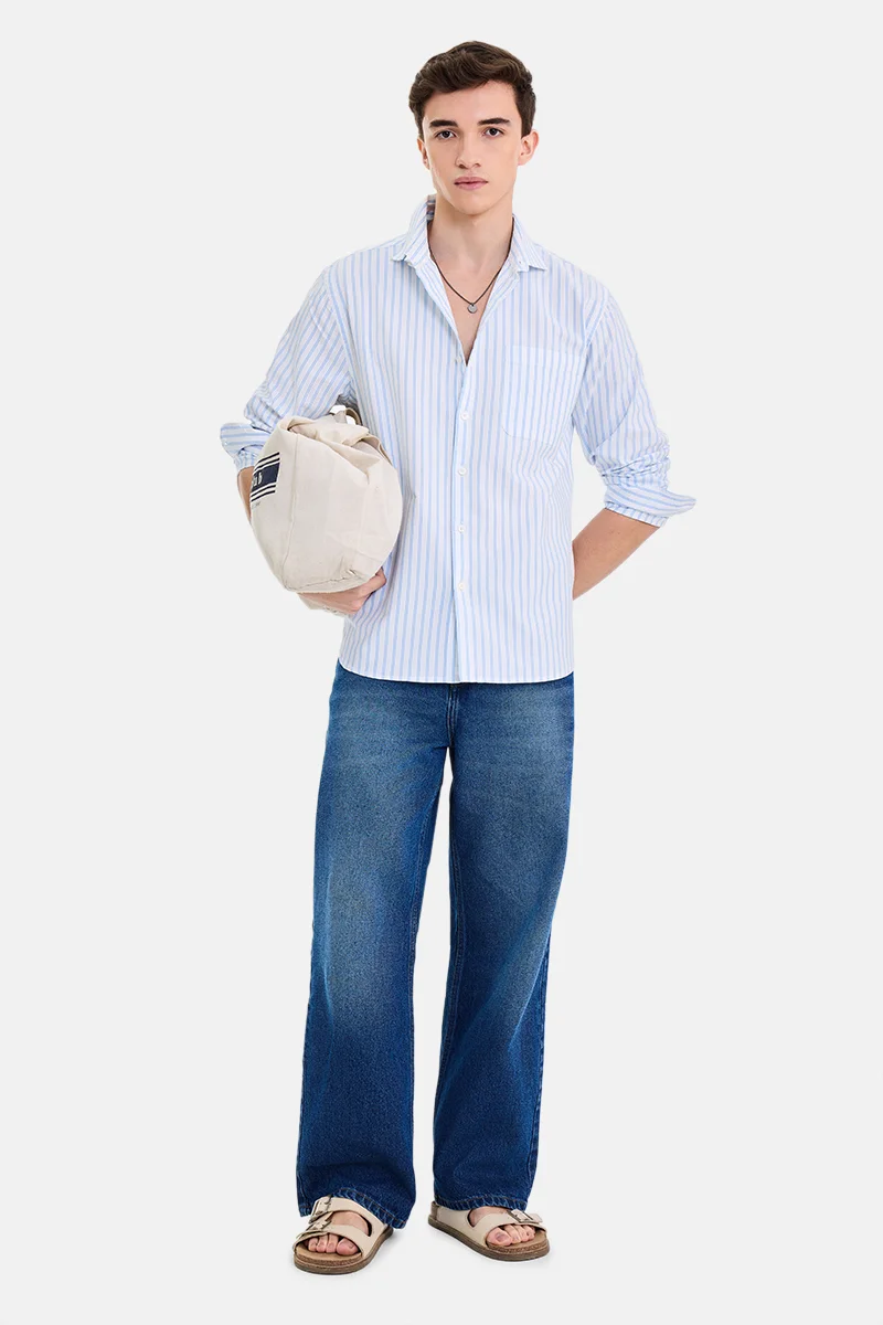 سنيتش Blue Striped Long Sleeve Regular Fit Casual Shirt