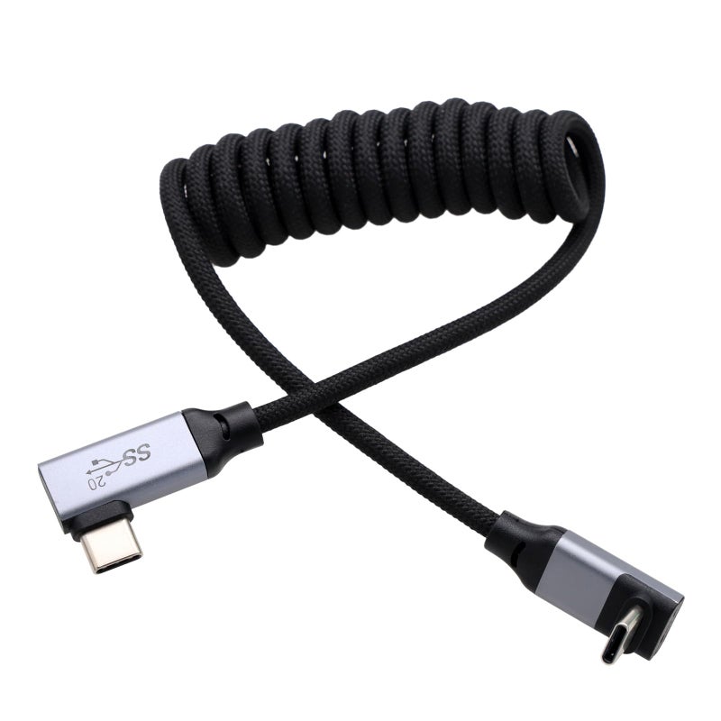 HangTon USB Type C USB-C 20Gbps PD100W 4K60 Data Power Video Cable for Samsung SSD BMPCC ZCAM R5 R6 A7C FX3 Camera iPhone 15 Phone Laptop Monitor, Up Right Angled Braided Coiled 30cm - Image 1