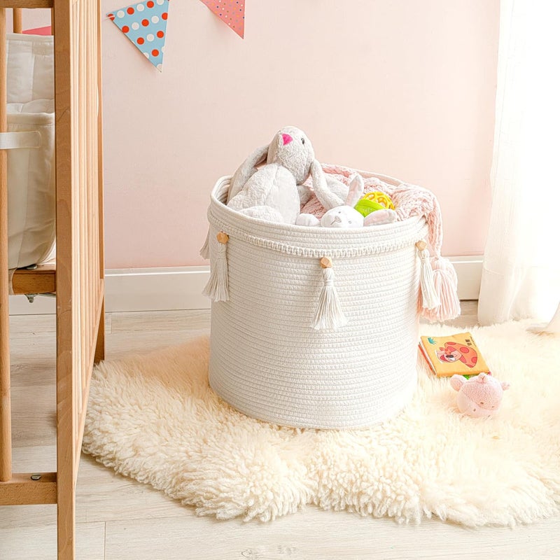 Mkono Macrame Decorative Cotton Rope Basket Boho Cute Woven Tassel Closet Storage Bins Organizer for Nursery,Baby Toys,Magazines, Potted Plants Cover,Living Room,Bedroom,Home Decor 11"x11",Small - Image 3