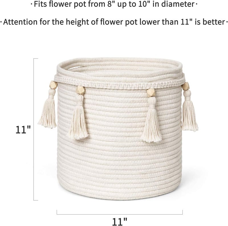 Mkono Macrame Decorative Cotton Rope Basket Boho Cute Woven Tassel Closet Storage Bins Organizer for Nursery,Baby Toys,Magazines, Potted Plants Cover,Living Room,Bedroom,Home Decor 11"x11",Small - Image 5