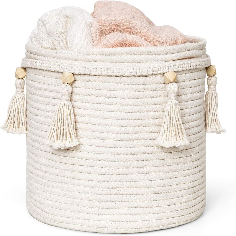 Mkono Macrame Decorative Cotton Rope Basket Boho Cute Woven Tassel Closet Storage Bins Organizer for Nursery,Baby Toys,Magazines, Potted Plants Cover,Living Room,Bedroom,Home Decor 11"x11",Small - Image 1