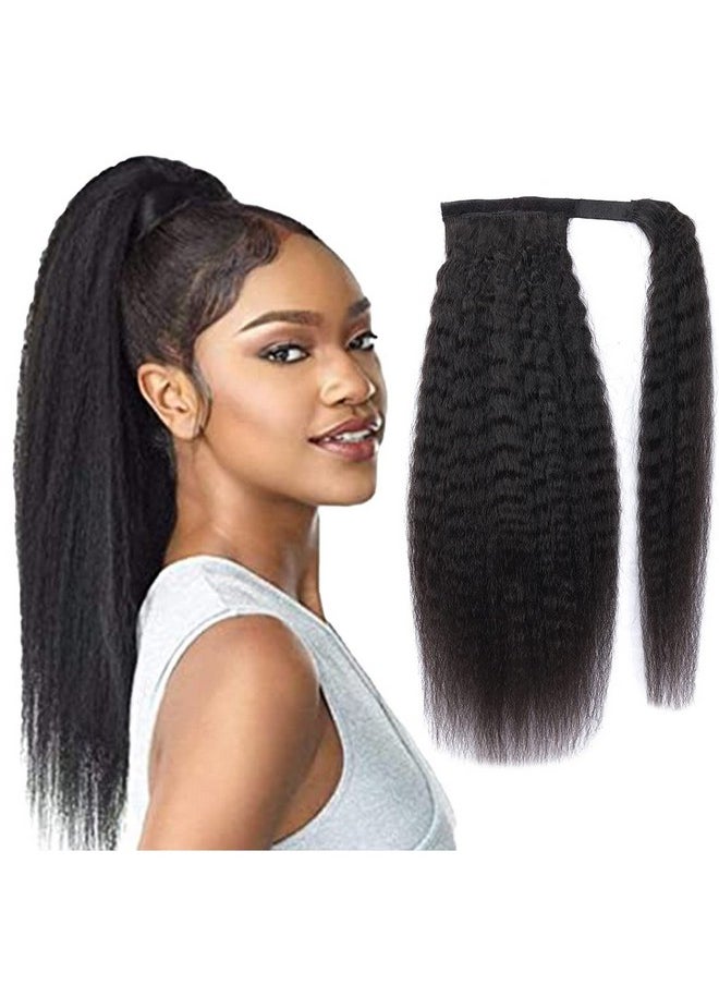 R RACILY HAIR - Kinky Straight Ponytail Human Hair With Wrap Around Magic Tape Brazilian Hair Clip In Extensions Wavy Yaki Pony Tail Color Natrual Black (14" 1B Kinky Straight Wrap Around) - Image 1