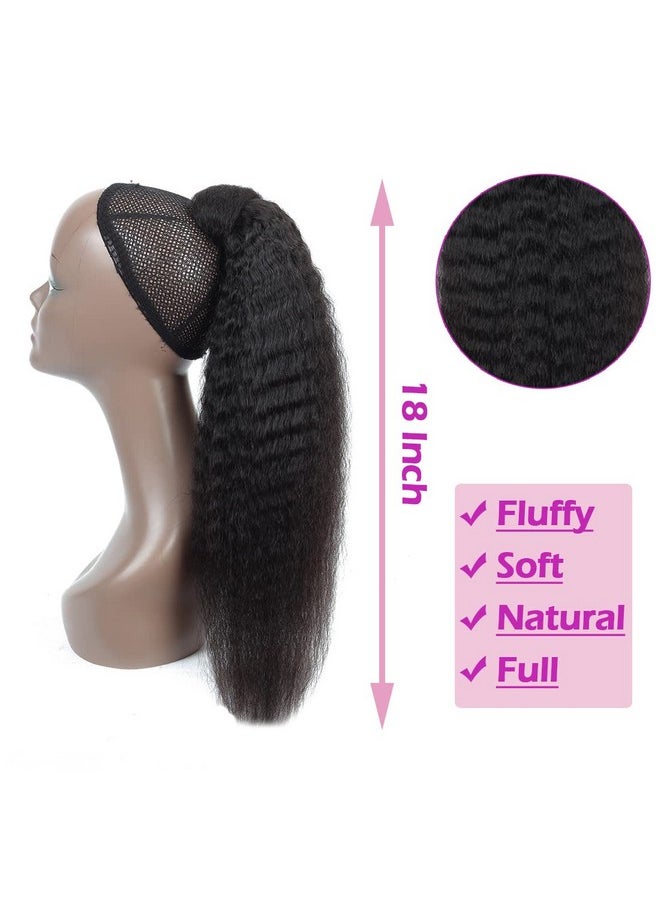 R RACILY HAIR - Kinky Straight Ponytail Human Hair With Wrap Around Magic Tape Brazilian Hair Clip In Extensions Wavy Yaki Pony Tail Color Natrual Black (14" 1B Kinky Straight Wrap Around) - Image 1
