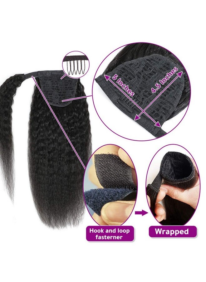 R RACILY HAIR - Kinky Straight Ponytail Human Hair With Wrap Around Magic Tape Brazilian Hair Clip In Extensions Wavy Yaki Pony Tail Color Natrual Black (14" 1B Kinky Straight Wrap Around) - Image 1