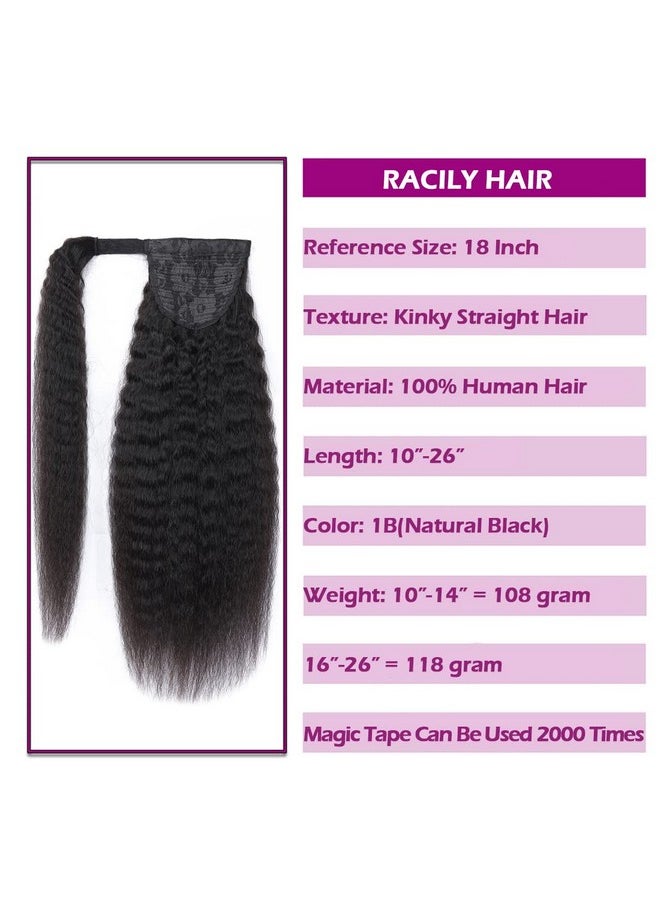 R RACILY HAIR - Kinky Straight Ponytail Human Hair With Wrap Around Magic Tape Brazilian Hair Clip In Extensions Wavy Yaki Pony Tail Color Natrual Black (14" 1B Kinky Straight Wrap Around) - Image 1