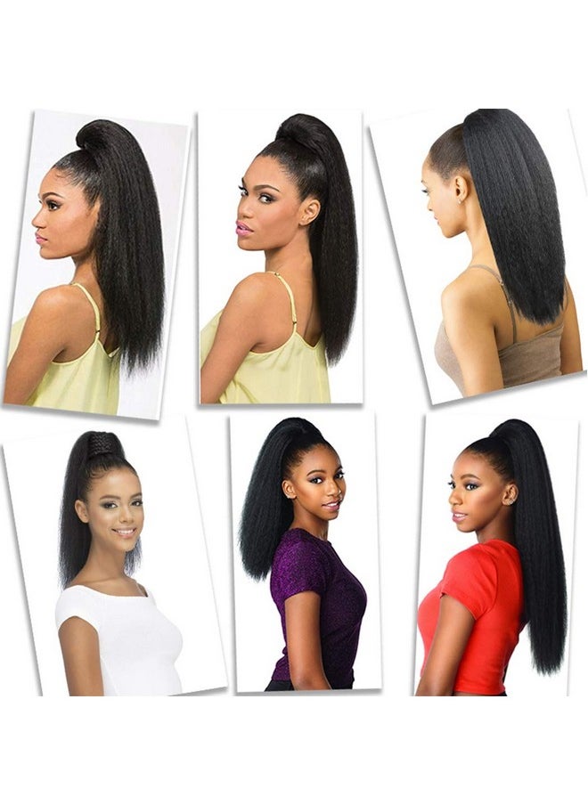 R RACILY HAIR - Kinky Straight Ponytail Human Hair With Wrap Around Magic Tape Brazilian Hair Clip In Extensions Wavy Yaki Pony Tail Color Natrual Black (14" 1B Kinky Straight Wrap Around) - Image 1
