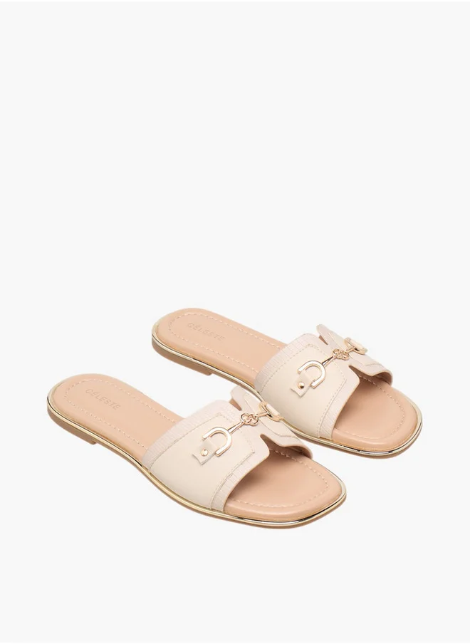 Celeste Women's Textured Slip-On Flat Sandals with Metal Accent