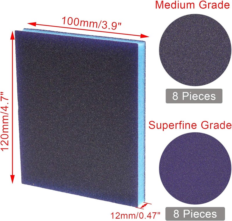 BokWin 16Pcs Sanding Sponge 100 Grit/ 220 Grit Sanding Blocks, Washable and Reusable Sand Sponge Kit (Medium Grade, Superfine Grade，8Pcs 240-320 Grade, 8Pcs 800-1000 Grade) - Image 2