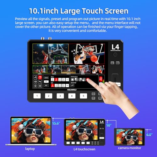 FEELWORLD L4 Video Mixer Switcher with 10.1" LCD Touch Screen, Multi-Camera USB3.0 Fast Live Streaming Broadcast 4 HDMI in 1 SDI in T bar Simply Swithing - Image 3