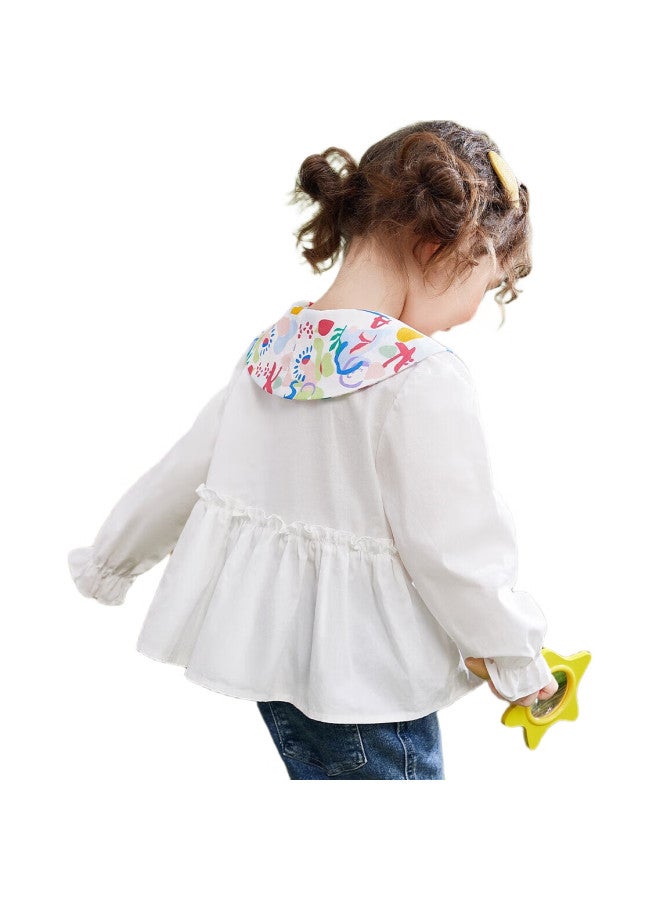 Ask Junior Girls' Shirt, Spring 2025, Toddler Star Pattern, Large Turndown Collar, Lace Trim, Children'S Casual Shirt, White, Size 90 - Image 3