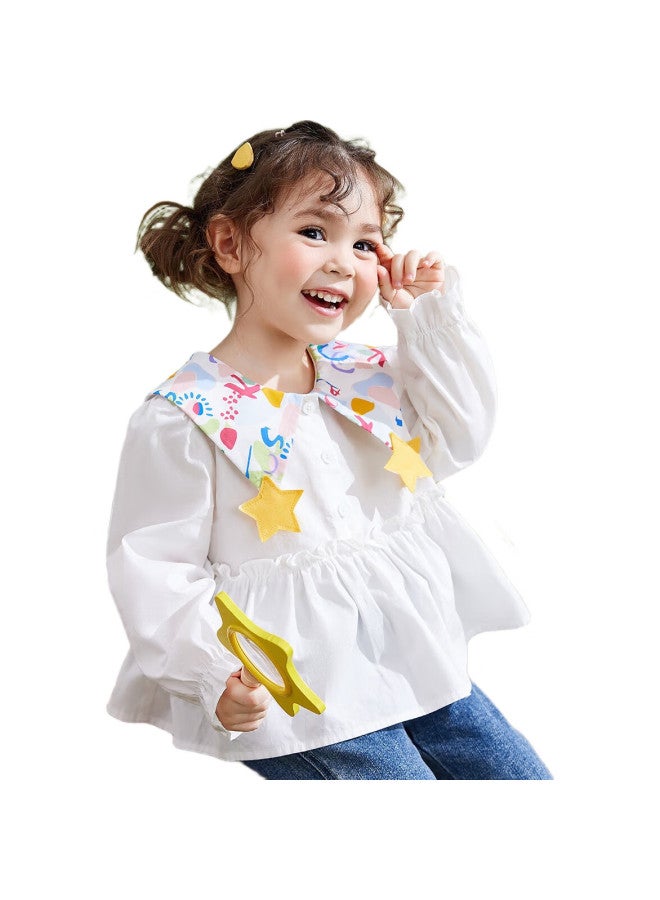 Ask Junior Girls' Shirt, Spring 2025, Toddler Star Pattern, Large Turndown Collar, Lace Trim, Children'S Casual Shirt, White, Size 90 - Image 1