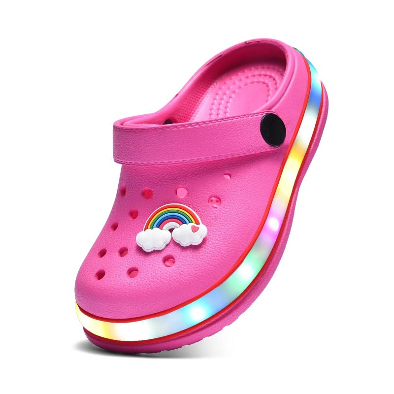XPKWS Toddler Kids Clogs Boys Girls LED Garden Shoes Light up Sandals Slip on Quick Dry Beach Slippers (Pink, 28) - Image 1