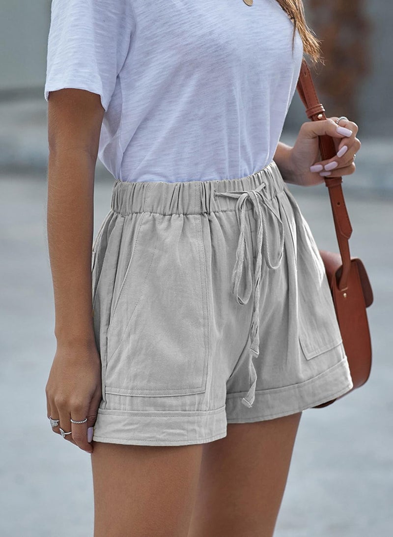 YOCUR Womens Summer Wild Shorts Elastic Waist Drawstring Pocket Cuffed Hem Comfort Cotton Linen Shorts Grey M - Image 3