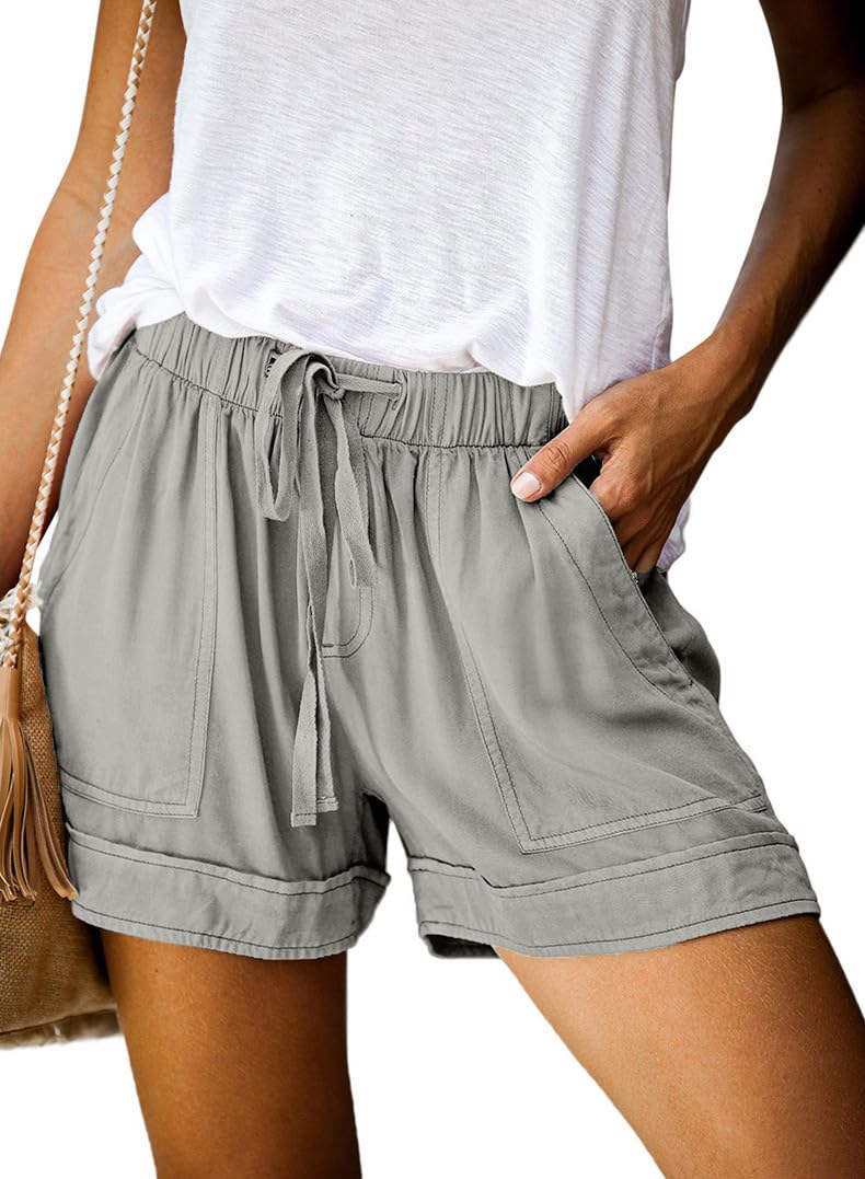 YOCUR Womens Summer Wild Shorts Elastic Waist Drawstring Pocket Cuffed Hem Comfort Cotton Linen Shorts Grey M - Image 1