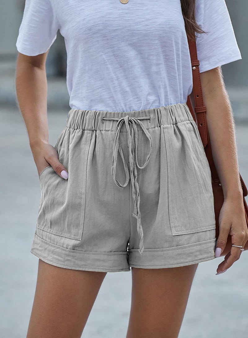 YOCUR Womens Summer Wild Shorts Elastic Waist Drawstring Pocket Cuffed Hem Comfort Cotton Linen Shorts Grey M - Image 4