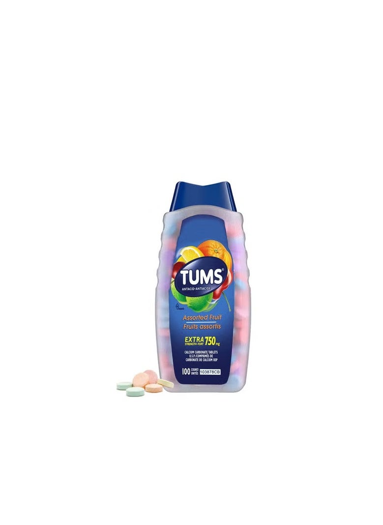 TUMS - 100 Count Antacid Chewable Tablets, Extra Strength for Heartburn Relief, Assorted Fruit 750mg - Image 1