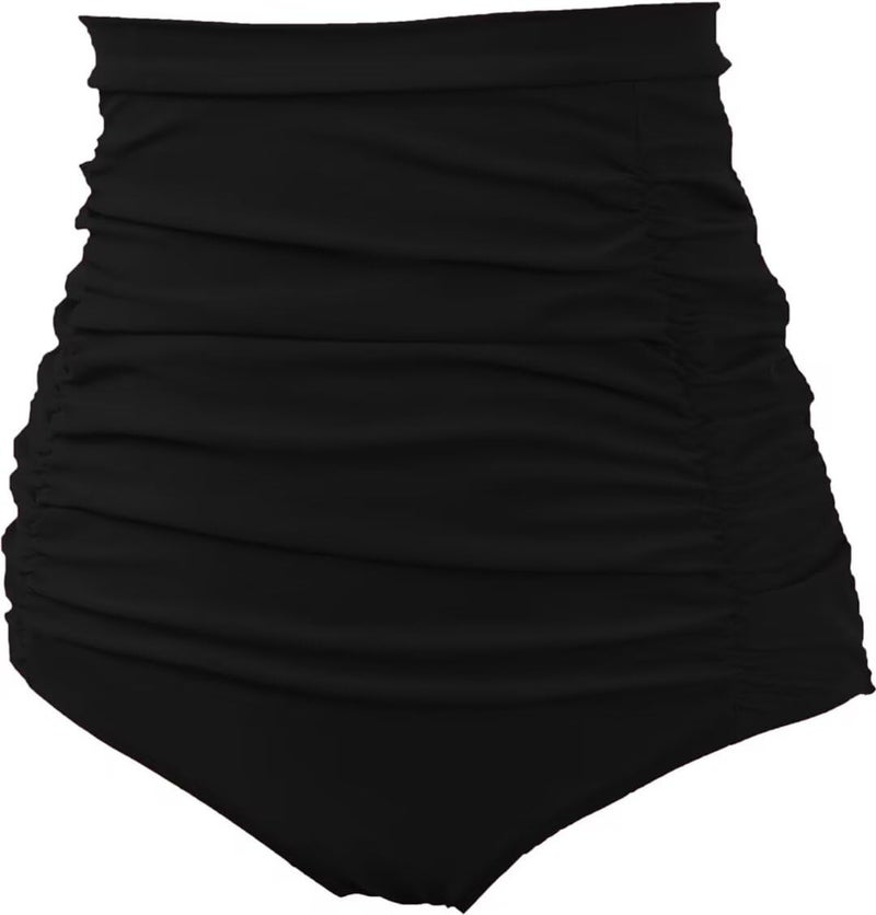COCOPEAR Women's Ruched High Waisted Bikini Bottom Retro Vintage Swim Short Tankinis Black L/10-12 - Image 2