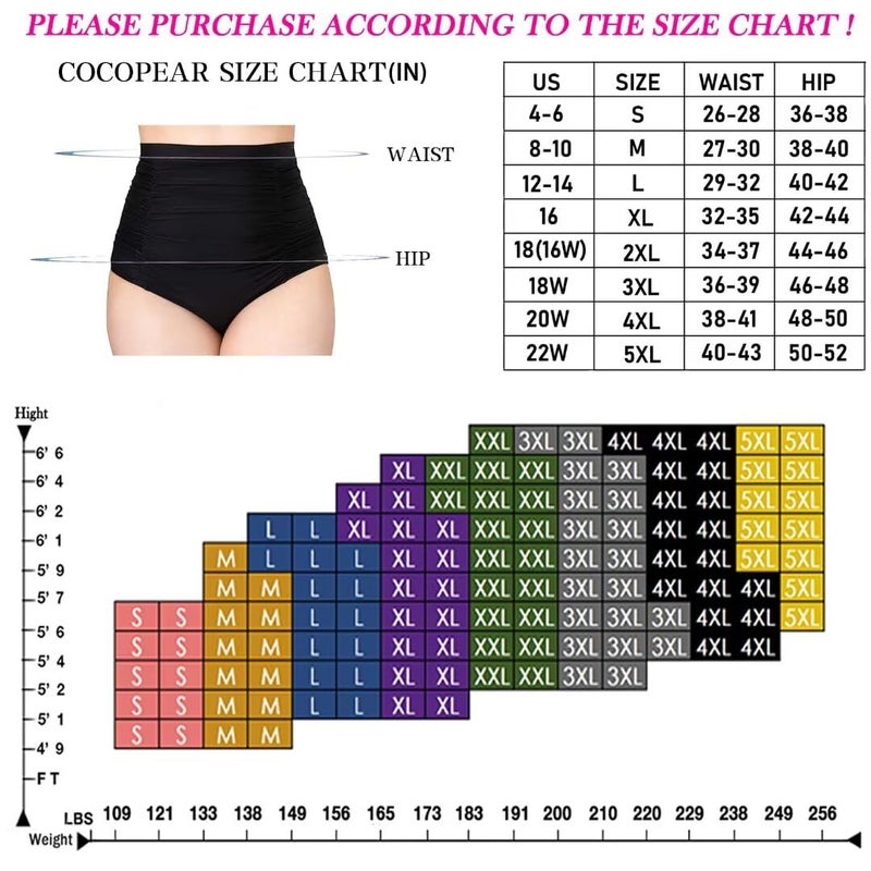 COCOPEAR Women's Ruched High Waisted Bikini Bottom Retro Vintage Swim Short Tankinis Black L/10-12 - Image 4
