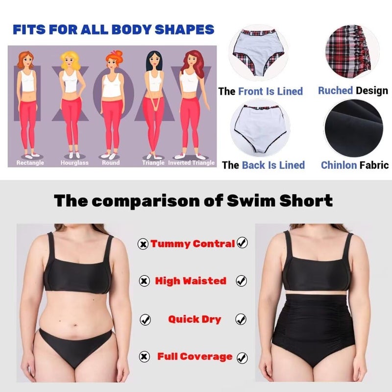COCOPEAR Women's Ruched High Waisted Bikini Bottom Retro Vintage Swim Short Tankinis Black L/10-12 - Image 5