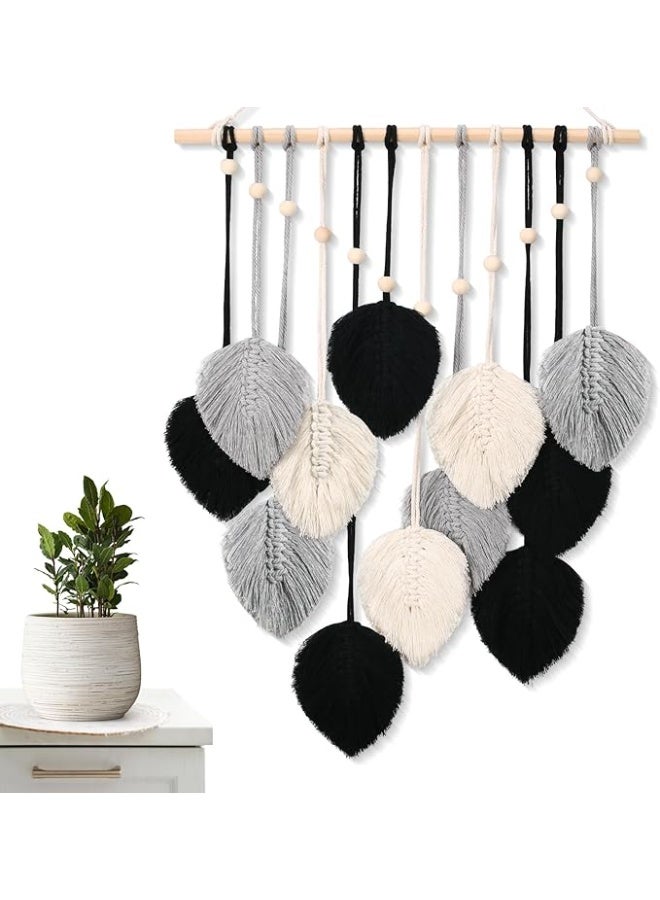 انتيكيانو أوراق مكرمية معلقة على الحائط نسيج فني الريش بنمط بوهو مع 12 ورقة زينة بشراشيب مصنوعة يدويا لغرفة المعيشة وغرفة النوم والشقة وديكور المنزل 50 سم × 70 أسود - Image 5