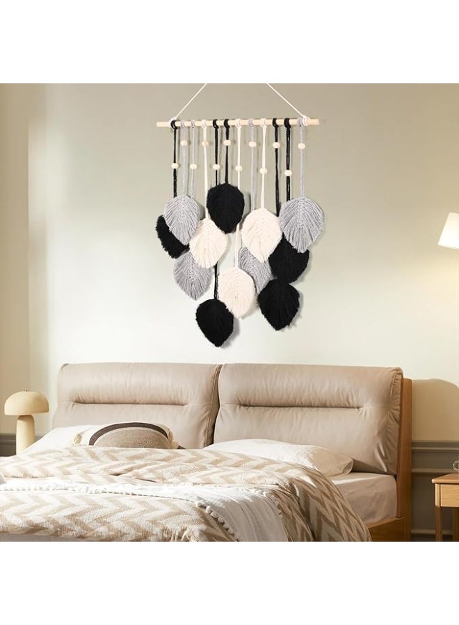 انتيكيانو أوراق مكرمية معلقة على الحائط نسيج فني الريش بنمط بوهو مع 12 ورقة زينة بشراشيب مصنوعة يدويا لغرفة المعيشة وغرفة النوم والشقة وديكور المنزل 50 سم × 70 أسود - Image 1