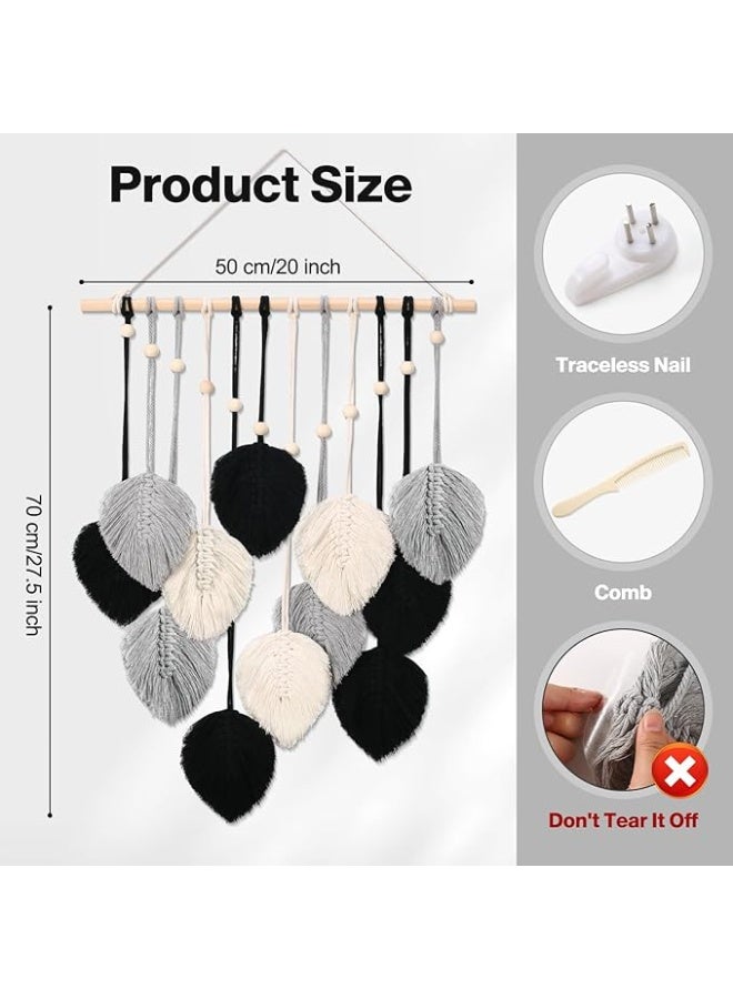 انتيكيانو أوراق مكرمية معلقة على الحائط نسيج فني الريش بنمط بوهو مع 12 ورقة زينة بشراشيب مصنوعة يدويا لغرفة المعيشة وغرفة النوم والشقة وديكور المنزل 50 سم × 70 أسود - Image 3