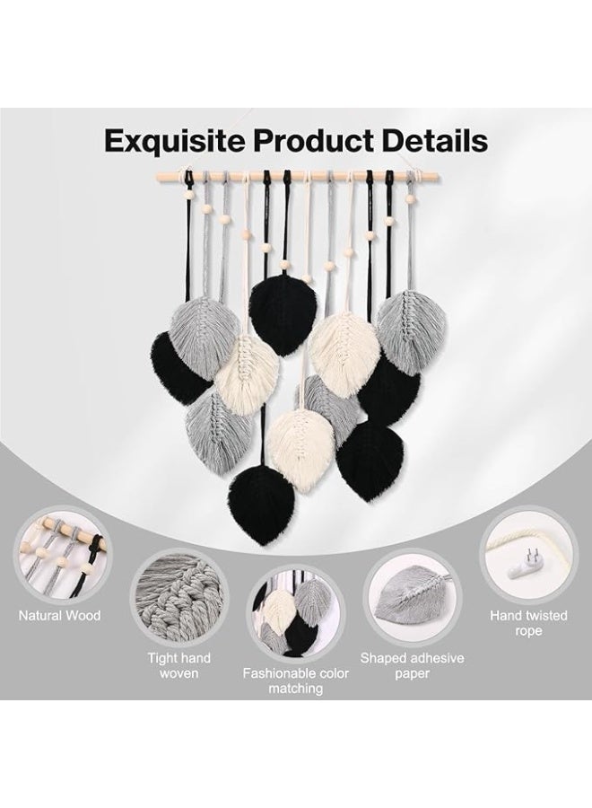 انتيكيانو أوراق مكرمية معلقة على الحائط نسيج فني الريش بنمط بوهو مع 12 ورقة زينة بشراشيب مصنوعة يدويا لغرفة المعيشة وغرفة النوم والشقة وديكور المنزل 50 سم × 70 أسود - Image 4