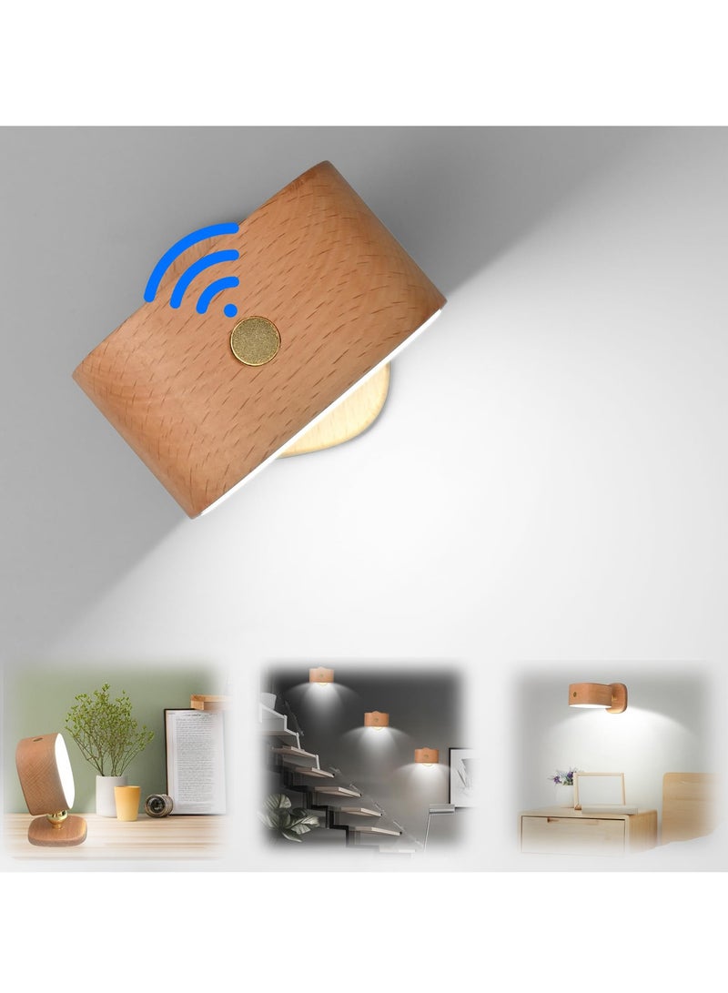 SYOSI مصباح جدار خشبي LED مع حساس رادار قابل لإعادة الشحن ضوء قراءة مثبت على الجدار 360 دوران يعمل بالبطارية مصابيح ليلية مغناطيسية 3 درجات حرارة للألوان، ضوء جدار بدون سلك لجانب السرير - Image 1