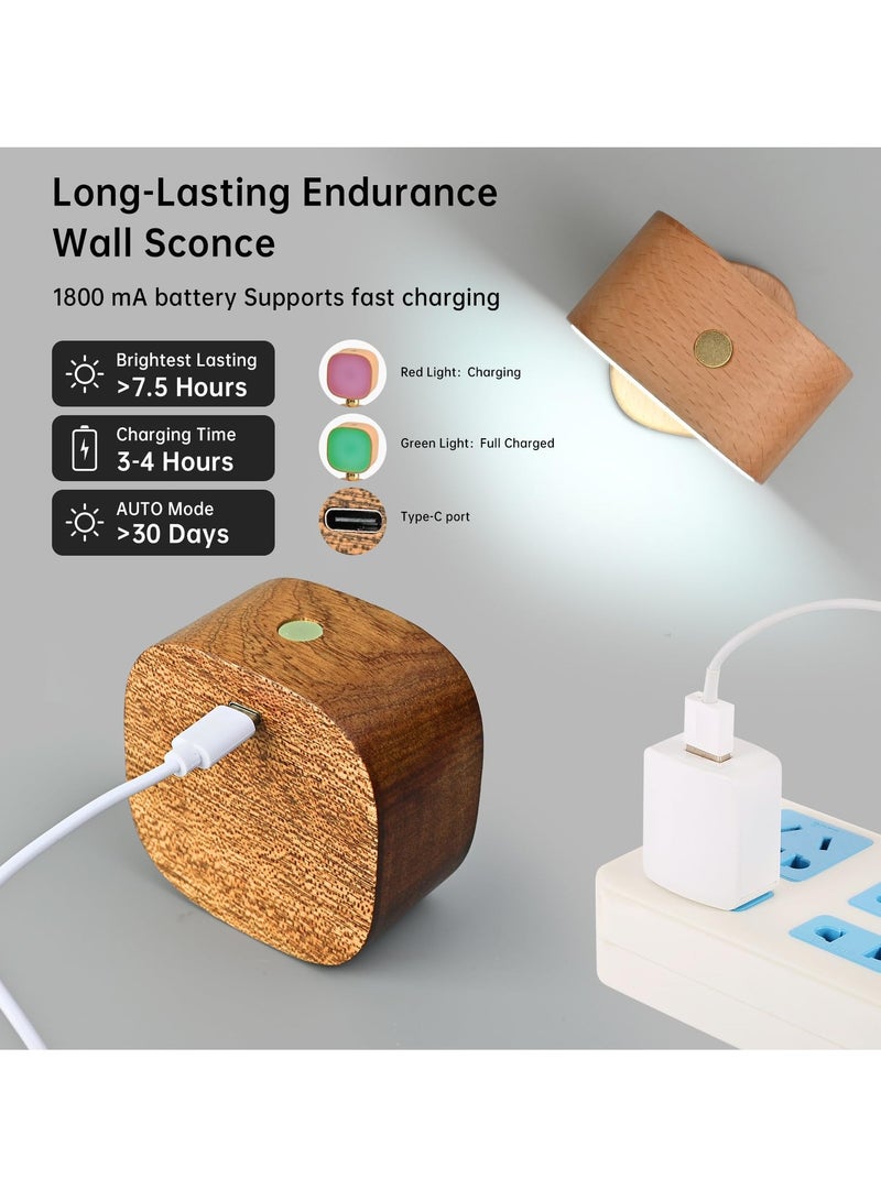 SYOSI مصباح جدار خشبي LED مع حساس رادار قابل لإعادة الشحن ضوء قراءة مثبت على الجدار 360 دوران يعمل بالبطارية مصابيح ليلية مغناطيسية 3 درجات حرارة للألوان، ضوء جدار بدون سلك لجانب السرير - Image 3