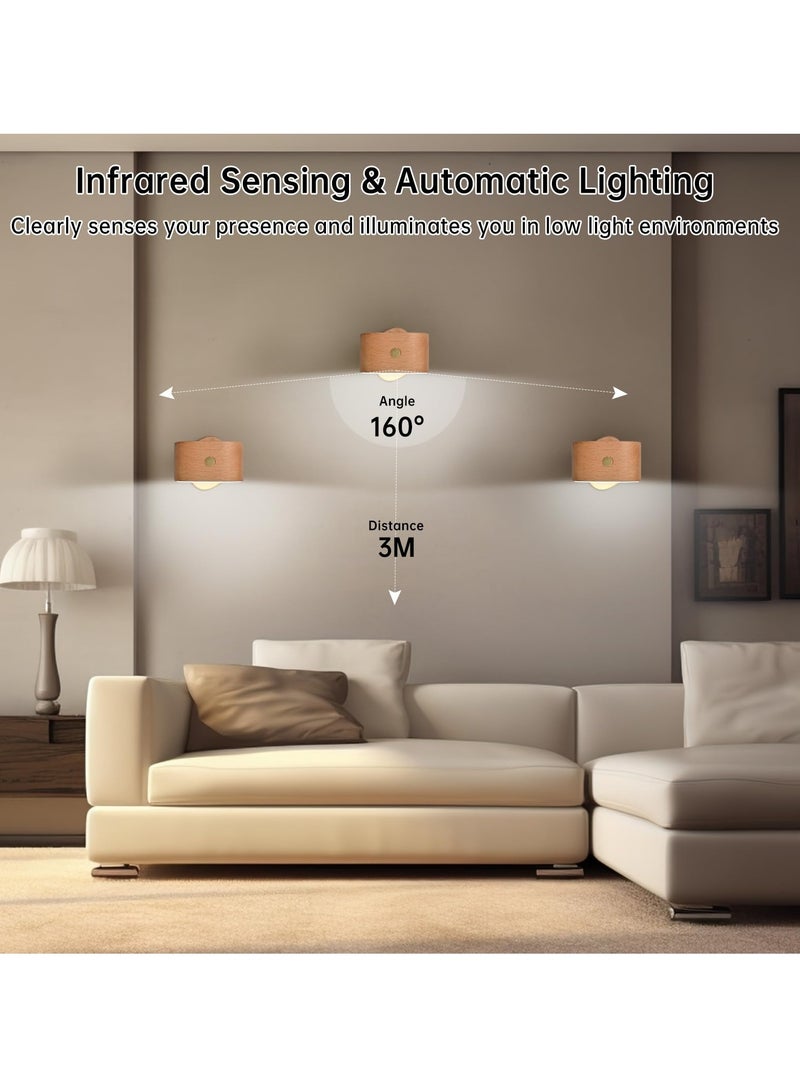 SYOSI مصباح جدار خشبي LED مع حساس رادار قابل لإعادة الشحن ضوء قراءة مثبت على الجدار 360 دوران يعمل بالبطارية مصابيح ليلية مغناطيسية 3 درجات حرارة للألوان، ضوء جدار بدون سلك لجانب السرير - Image 2