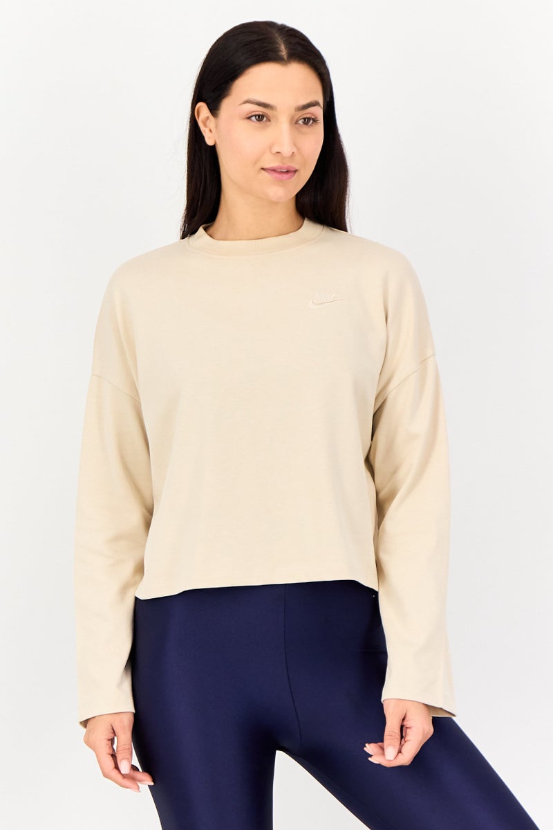 Nike بلوزة رياضية نسائية بأكمام طويلة مناسبة في الهواء الطلق، بيج - Image 1