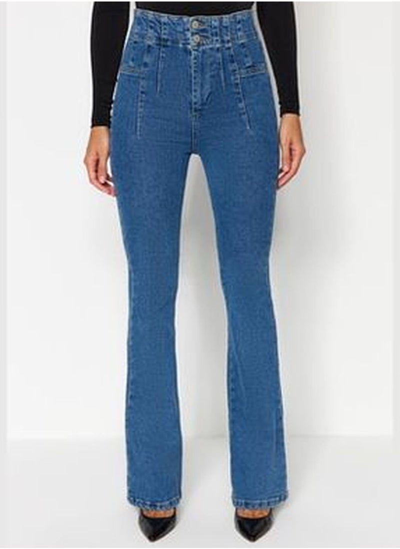 trendyol Blue Stitching Detail High Waist Flare Jeans TWOAW24JE00062  - Image 4