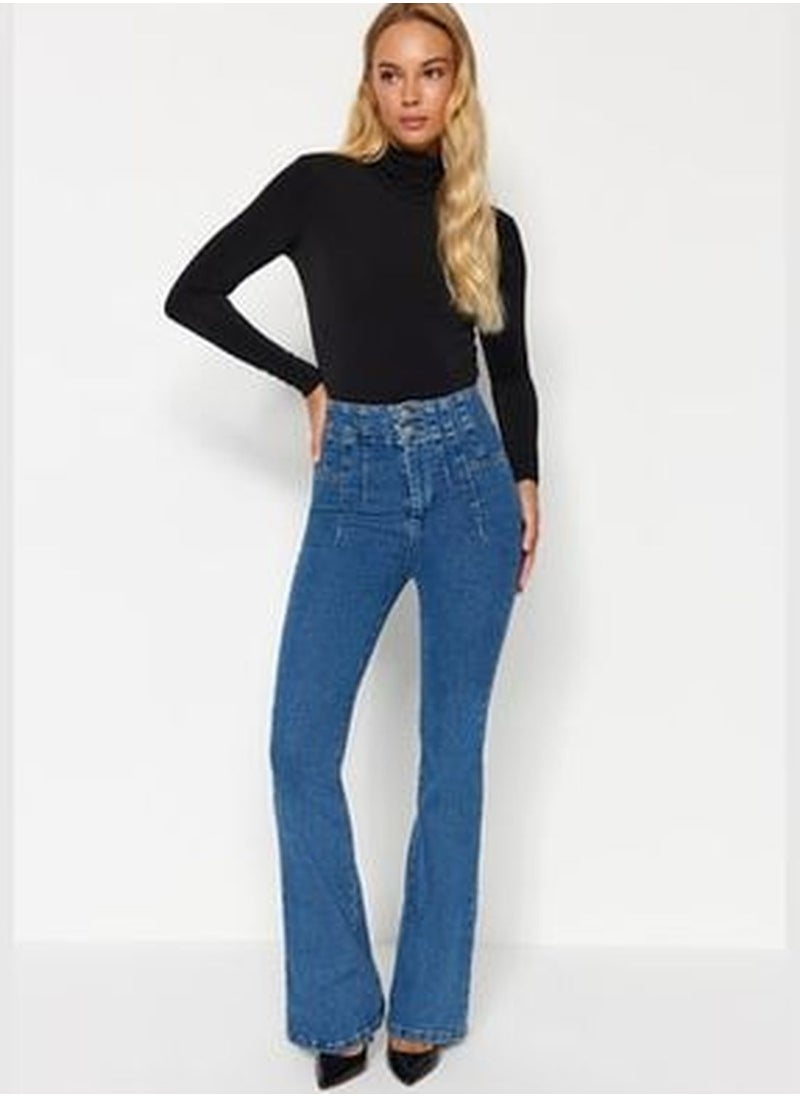 trendyol Blue Stitching Detail High Waist Flare Jeans TWOAW24JE00062  - Image 1