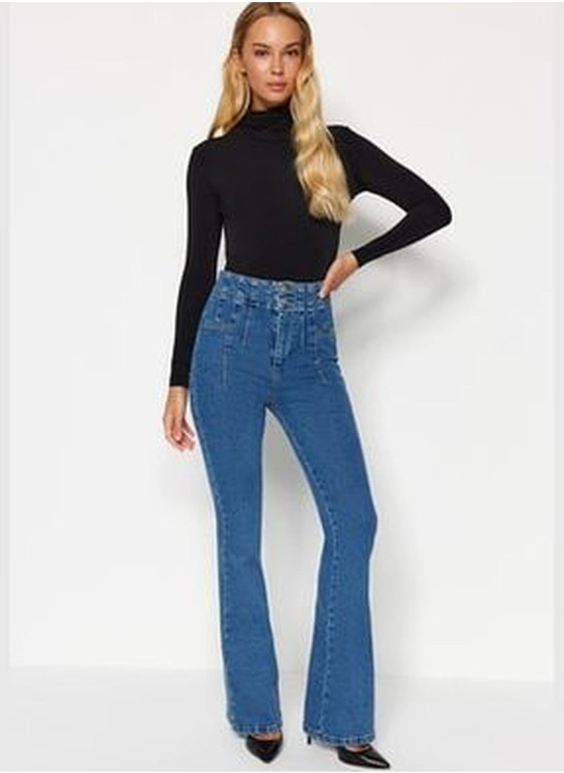 trendyol Blue Stitching Detail High Waist Flare Jeans TWOAW24JE00062  - Image 3