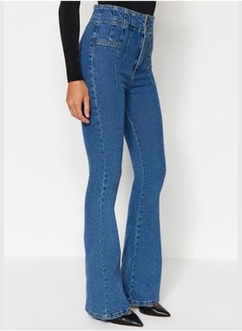 trendyol Blue Stitching Detail High Waist Flare Jeans TWOAW24JE00062  - Image 5