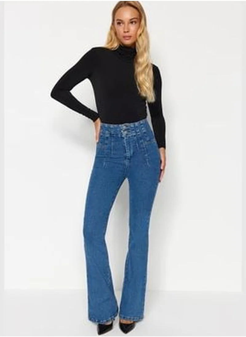 trendyol Blue Stitching Detail High Waist Flare Jeans TWOAW24JE00062