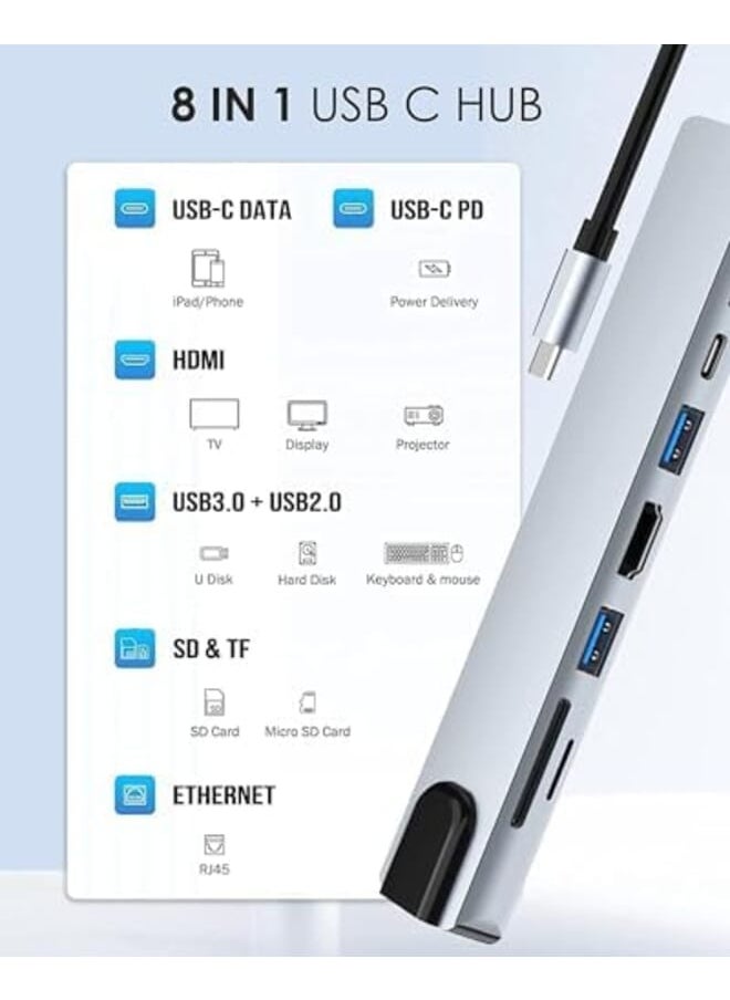 Generic - Usb C Hub 8 In 1 Type C Hub Multiport Adapter With 4K Hdmi Pd Power Delivery Usb C Ethernet 2 Usb Sd Tf Card Reader Compatible With Mac Book Pro Xps And More Type C Devices - Image 1