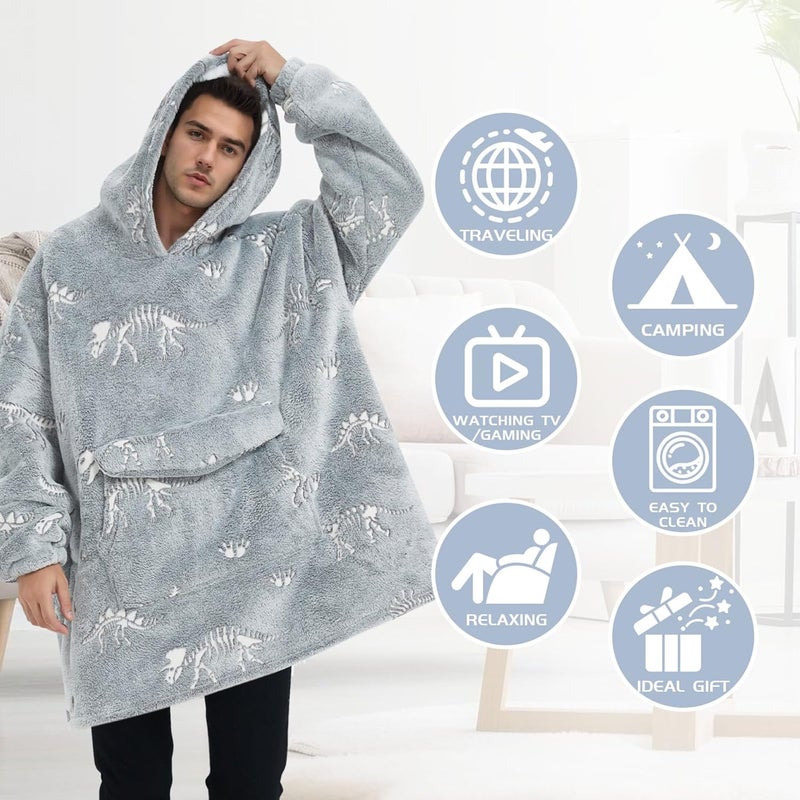 Mewkou هودي بطانية قابلة للارتداء للبالغين، هودي بطانية شيربا فليس بحجم كبير للنساء والرجال، يتوهج في الظلام ديناصور أحفوري - Image 3