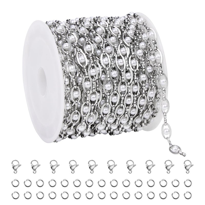 UMAOKANG 13 Feet Stainless Steel Chains for Jewelry Making Faux Pearl Evil Eye Cable Chain on Spool Craft Chain Roll - Image 1