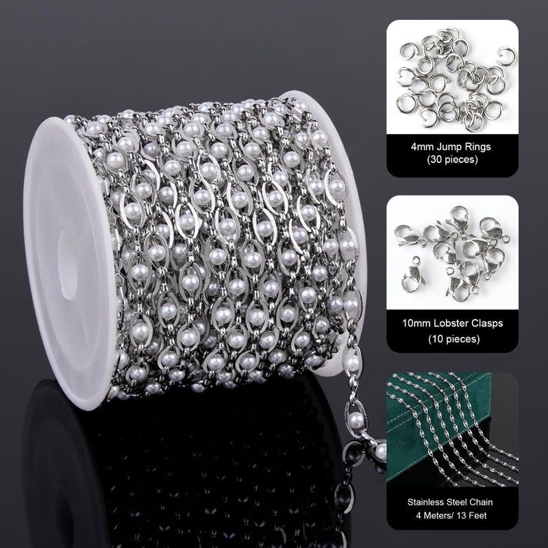 UMAOKANG 13 Feet Stainless Steel Chains for Jewelry Making Faux Pearl Evil Eye Cable Chain on Spool Craft Chain Roll - Image 2