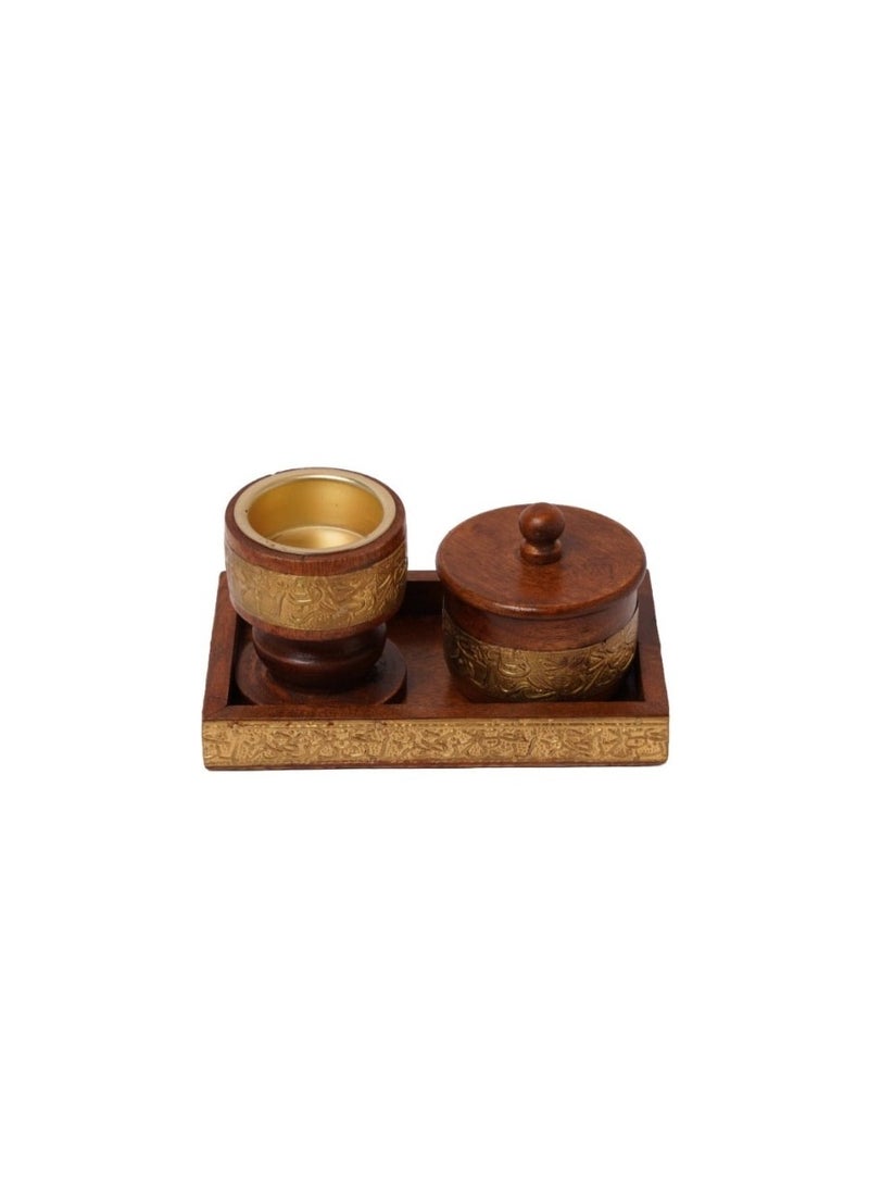 A natural and elegant wooden incense burner set decorated with copper touches, consisting of (3 pieces), including an incense box.  - Image 1