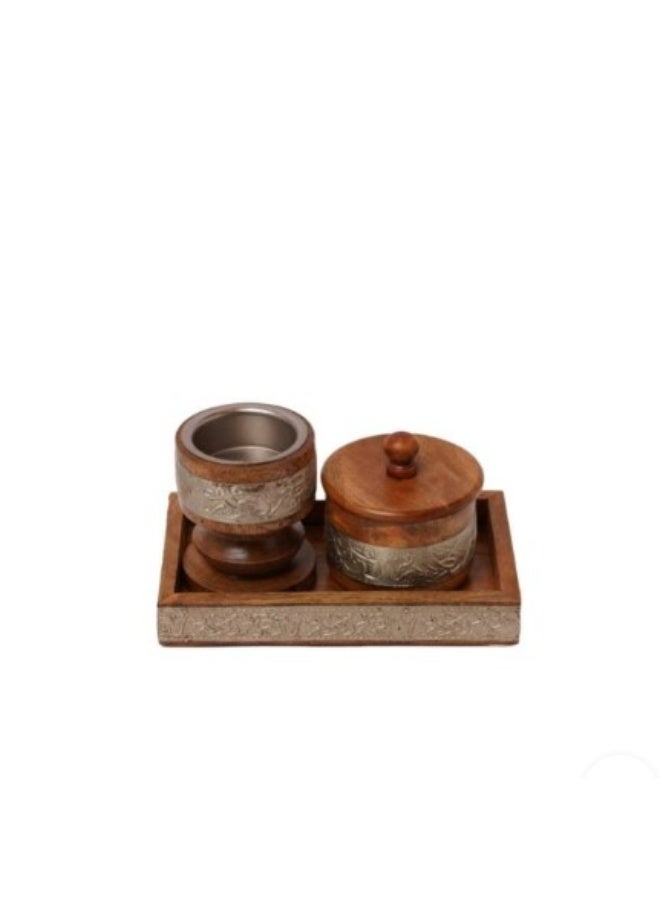 A natural and elegant wooden incense burner set decorated with copper touches, consisting of (3 pieces), including an incense box.  - Image 2