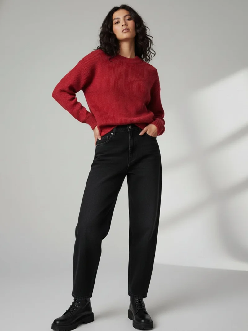Outzidr  Red Full Sleeve Crew Neck Slouchy Sweater  | Best Price UAE