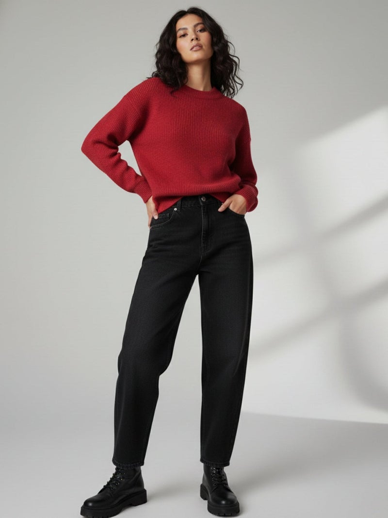 OUTZIDR Red Full Sleeve Crew Neck Slouchy Sweater - Image 3