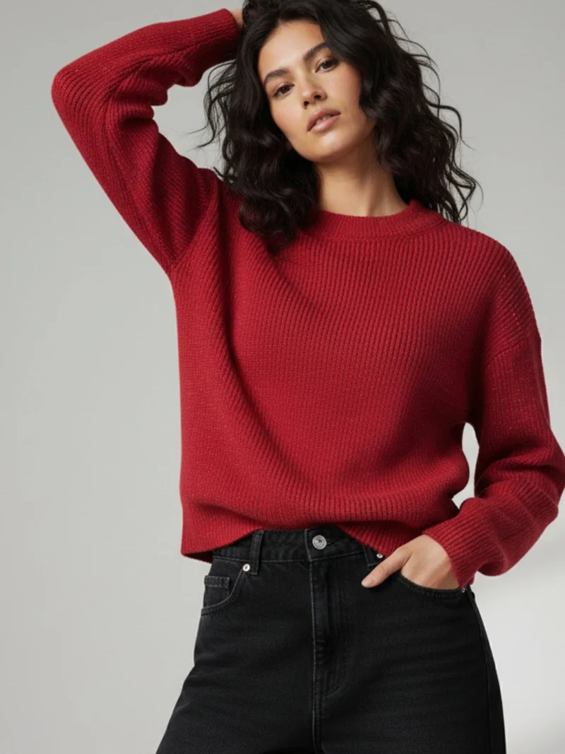 أوجيدر Red Full Sleeve Crew Neck Slouchy Sweater