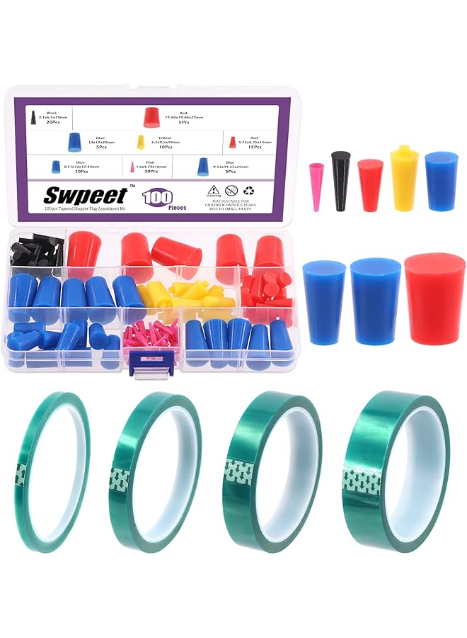 Swpeet Swpeet 104Pcs 36 Yards 4 Sizes 1/4",1/2", 7/10", 1" Green Powder Coating Masking PET Tape with High Temp Silicone Rubber Protective Tapered Plug Assortment Kit for Painting, Powder Coating  - Image 1