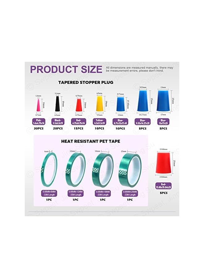 Swpeet Swpeet 104Pcs 36 Yards 4 Sizes 1/4",1/2", 7/10", 1" Green Powder Coating Masking PET Tape with High Temp Silicone Rubber Protective Tapered Plug Assortment Kit for Painting, Powder Coating  - Image 2