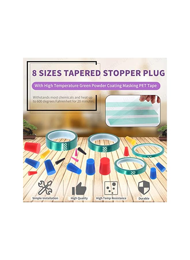 Swpeet Swpeet 104Pcs 36 Yards 4 Sizes 1/4",1/2", 7/10", 1" Green Powder Coating Masking PET Tape with High Temp Silicone Rubber Protective Tapered Plug Assortment Kit for Painting, Powder Coating  - Image 4